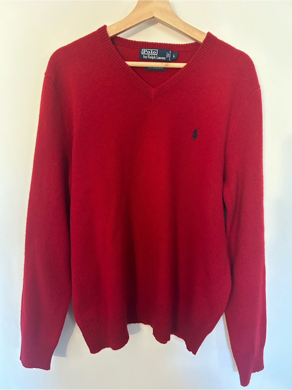 Ralph Lauren Men's Red V-Neck Wool Sweater Large